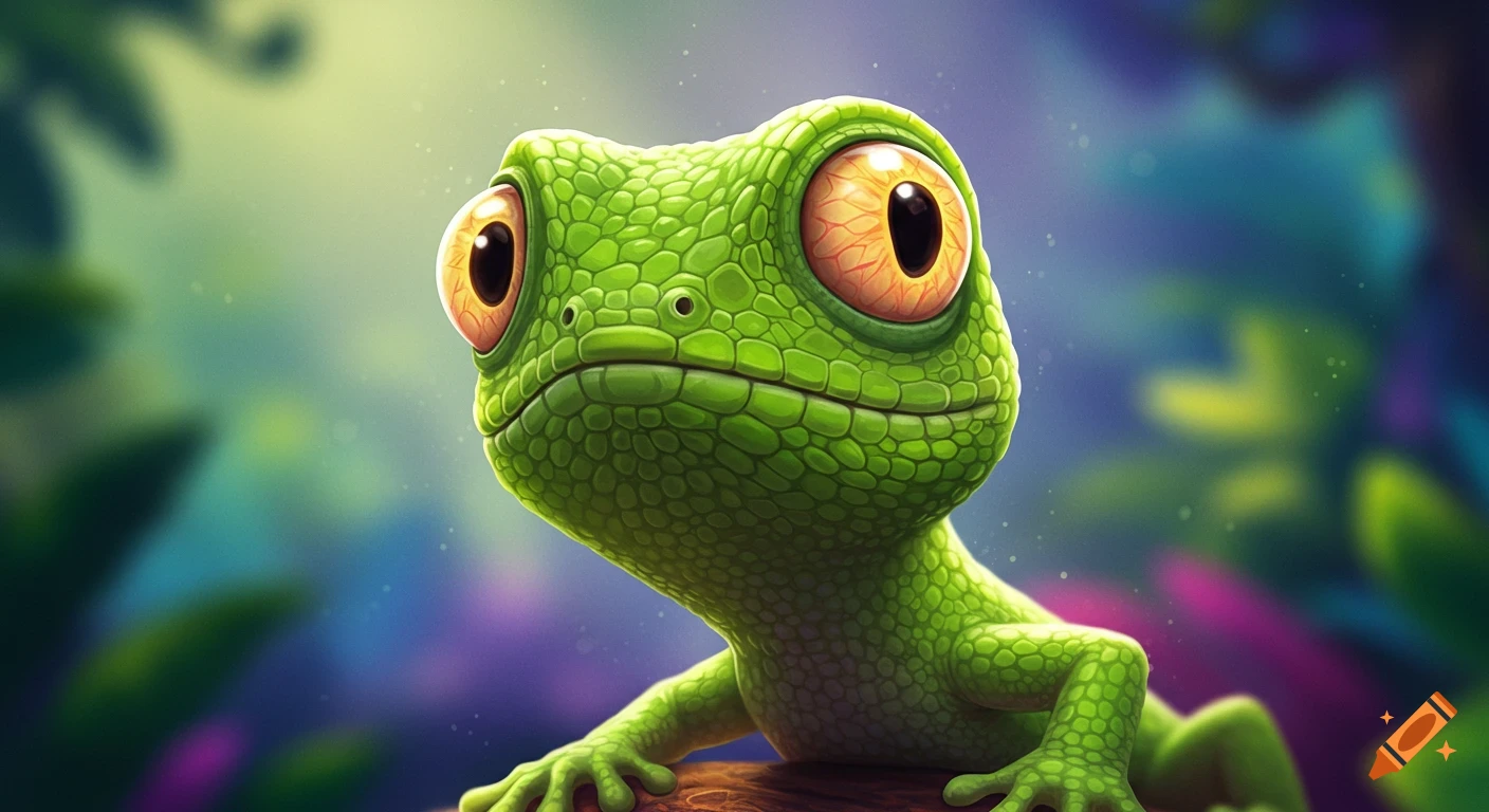 Cute cartoon lizard with big eyes in a forest