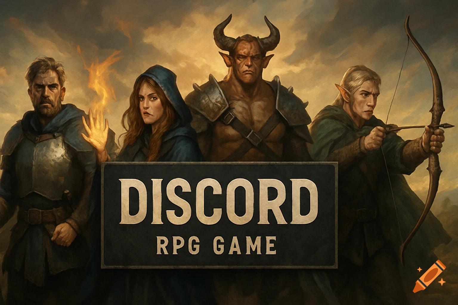 A group of fantasy adventurers, including a warrior, a spellcaster, a creature with horns, and an elf archer, standing behind a banner that reads DISCORD RPG GAME.