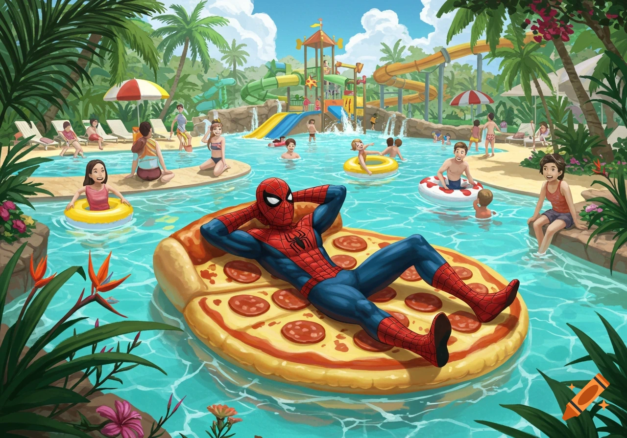 Spider-Man relaxes on a pizza float in a crowded water park.