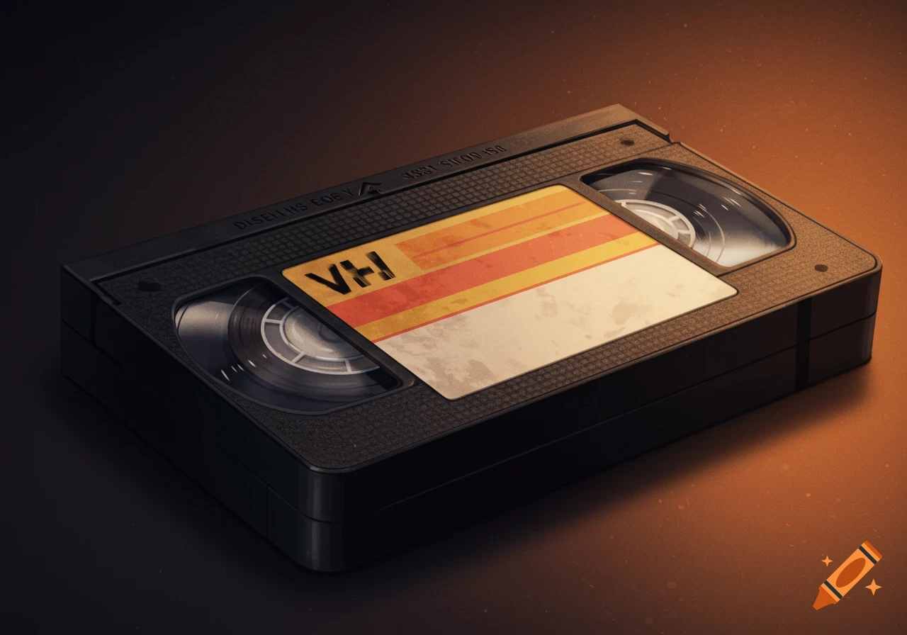 A detailed close-up of a vintage black VHS tape with a yellow and orange striped label, lit from the side on a dark background.
