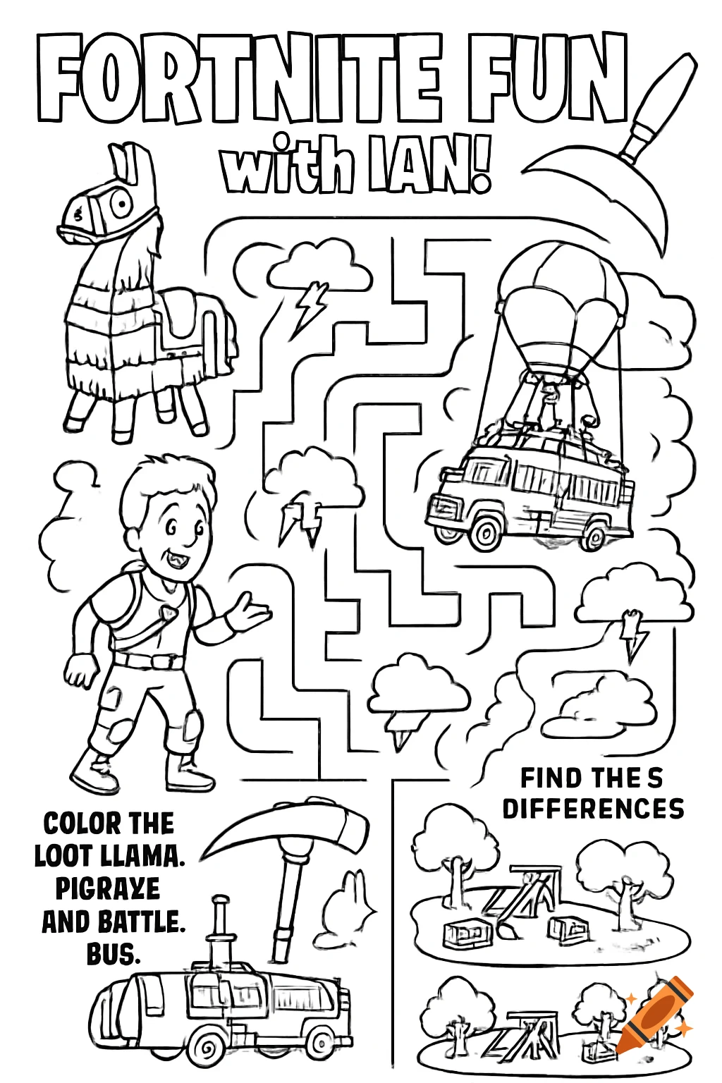 Black and white Fortnite activity sheet with maze, Loot Llama, Battle Bus, character, pickaxe, and spot-the-difference puzzle.