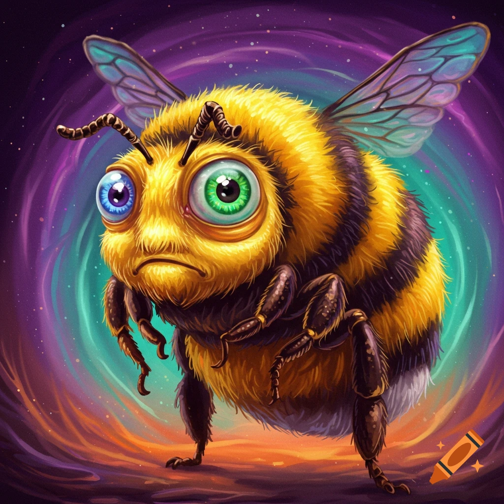 Cartoon bumblebee with large, mismatched eyes and a grumpy expression, against a swirling cosmic background.