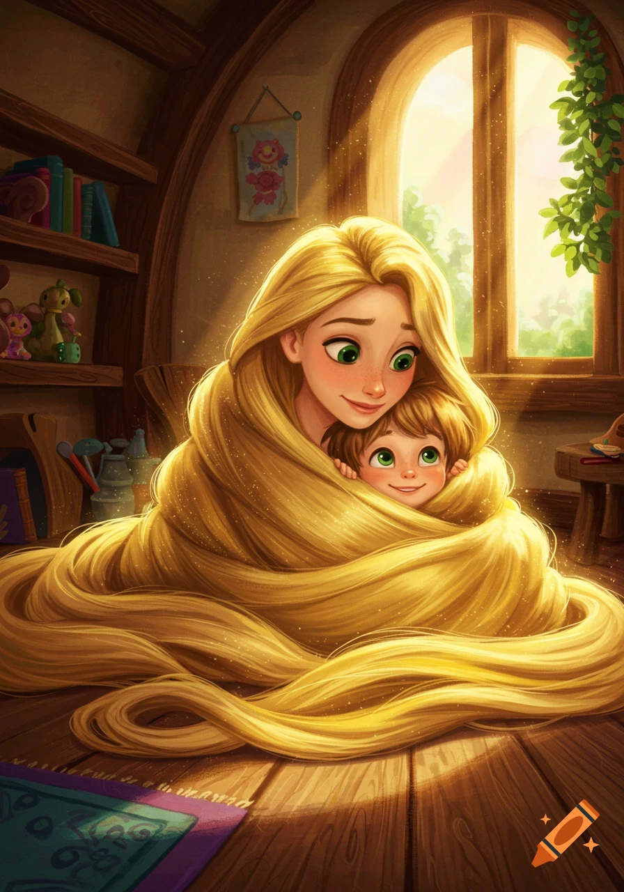 An illustration of a woman with long blonde hair wrapping a child in her hair inside a sunlit room.