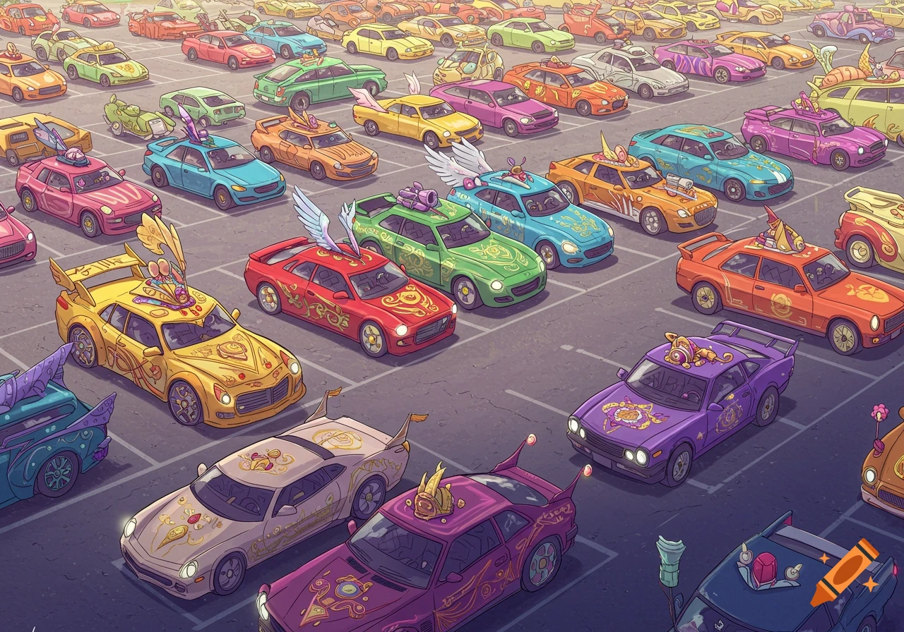 A vibrant illustration of a large parking lot filled with many colorful, ornate cars decorated with fantasy-like elements.