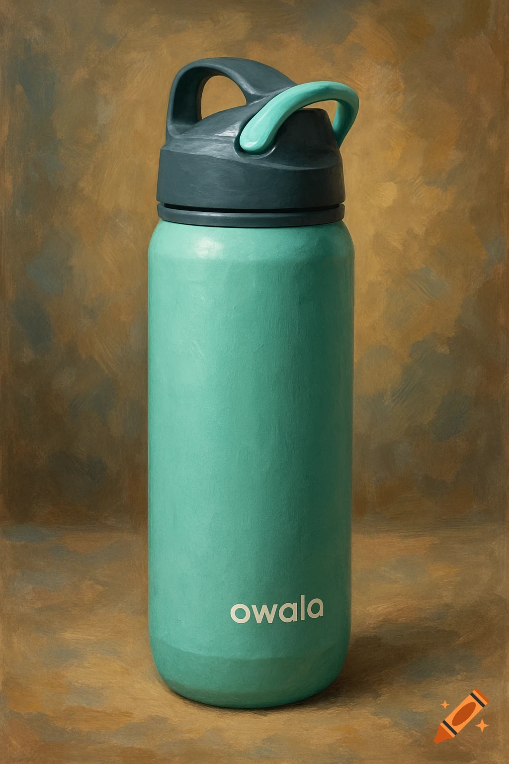 A green water bottle with a dark grey and light blue lid against a painterly background.