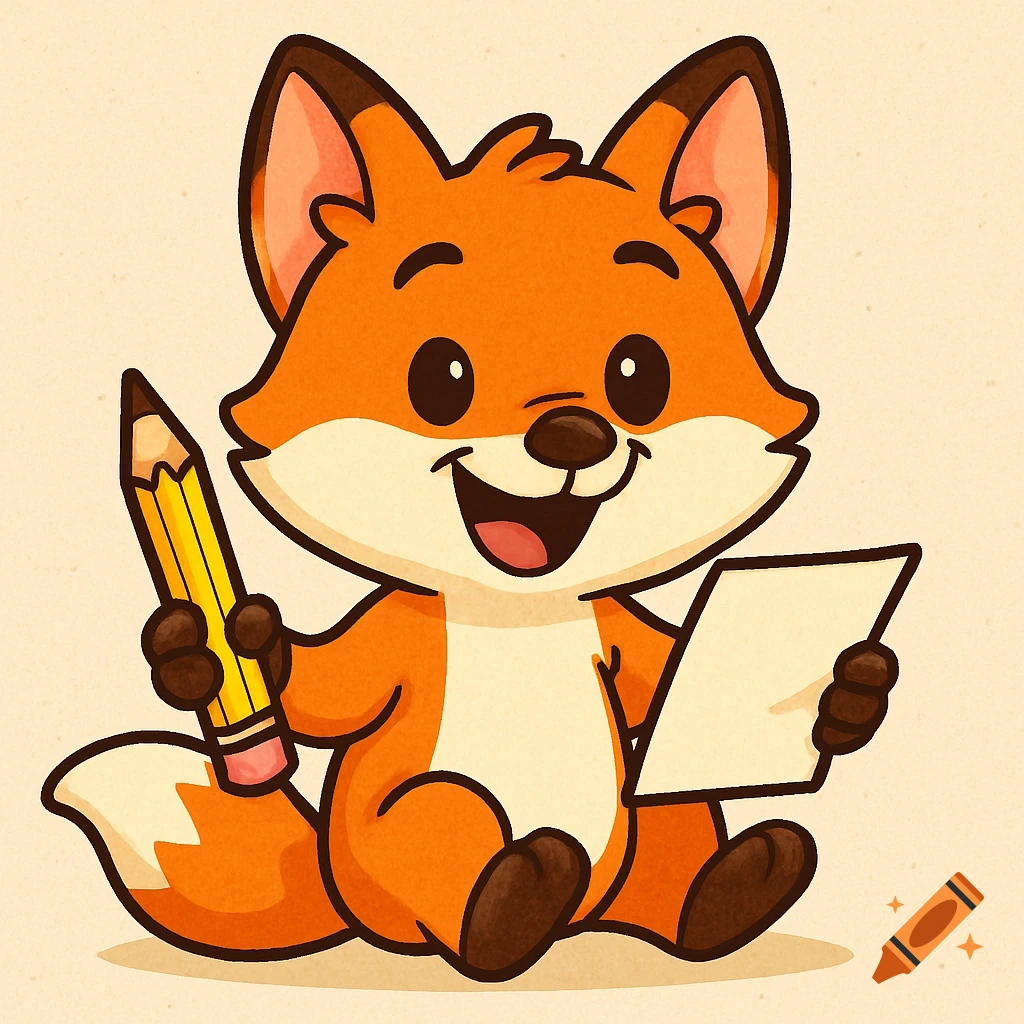 A happy cartoon fox sits holding a yellow pencil and a piece of paper.