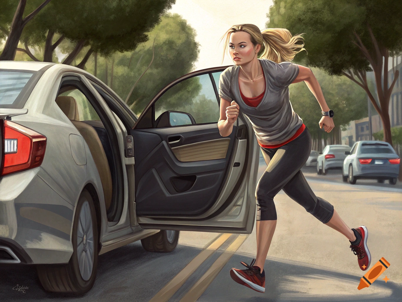 Illustration of a woman running past an open car door on a street.