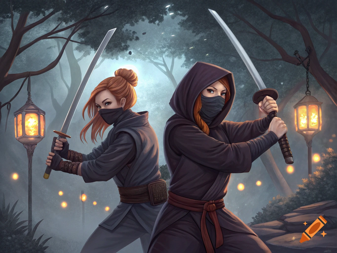 Two ginger-haired women in ninja outfits hold swords in a foggy forest at night with lanterns.