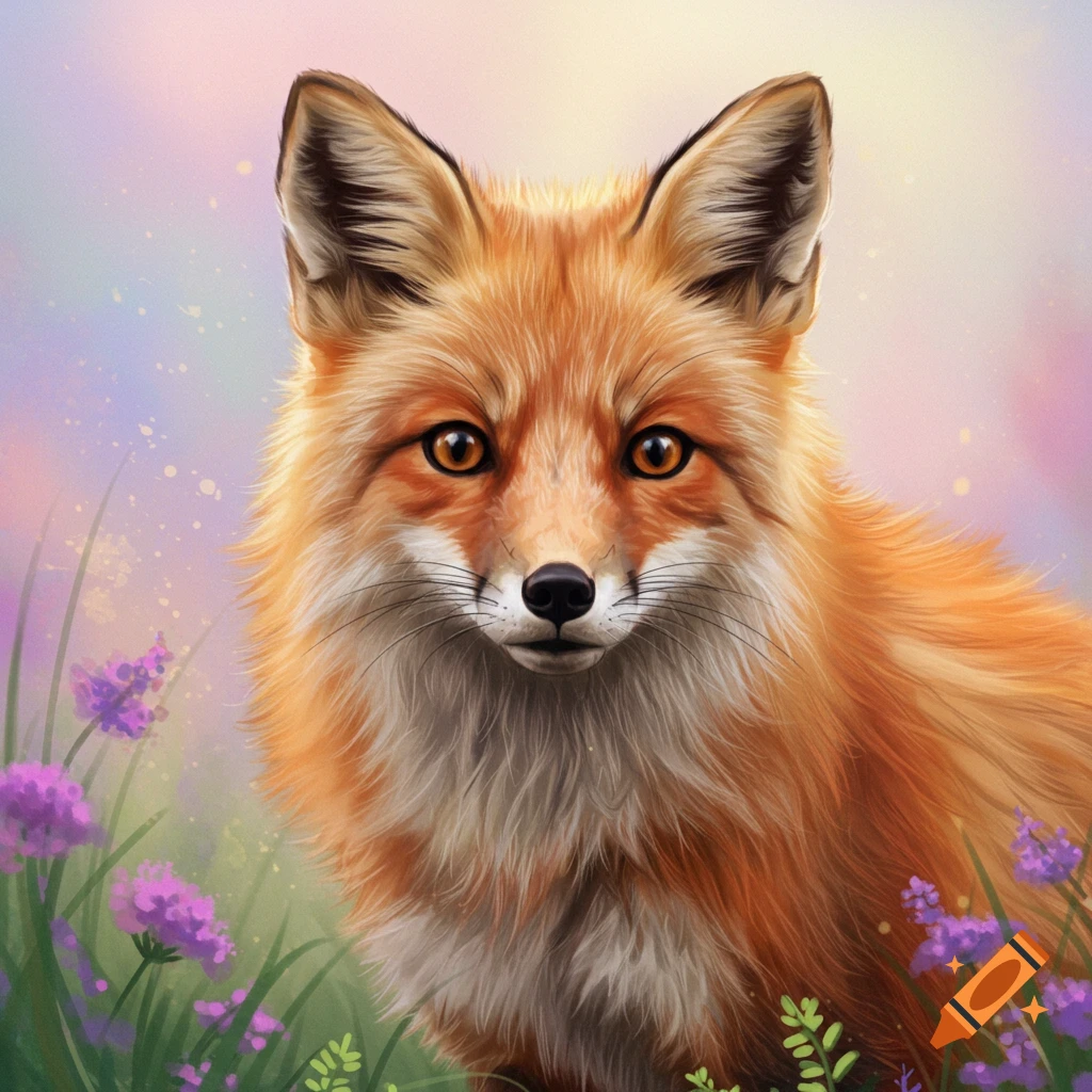 Digital painting of an inquisitive fox in a field of purple flowers.