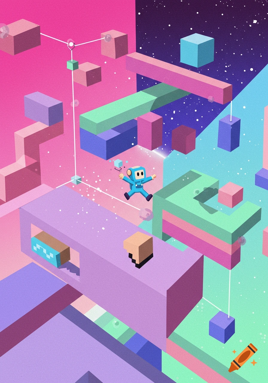 Cartoon astronaut jumps among colorful geometric platforms and cubes in space, isometric view