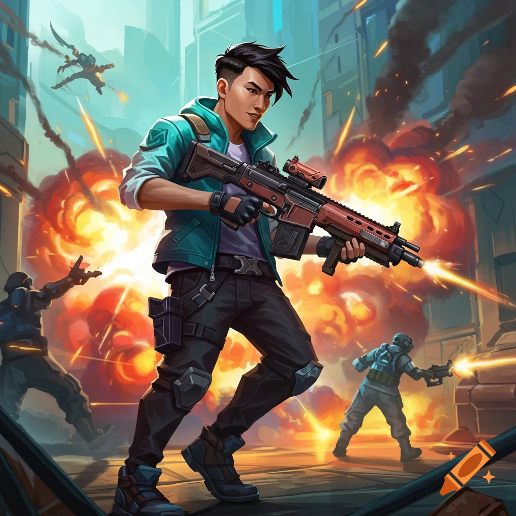 Stylized action illustration of a man with a rifle amidst explosions and other combatants in a city.