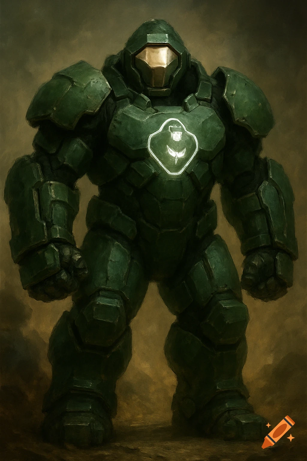 A figure in heavy green armor with a gold visor and glowing chest emblem stands facing forward.