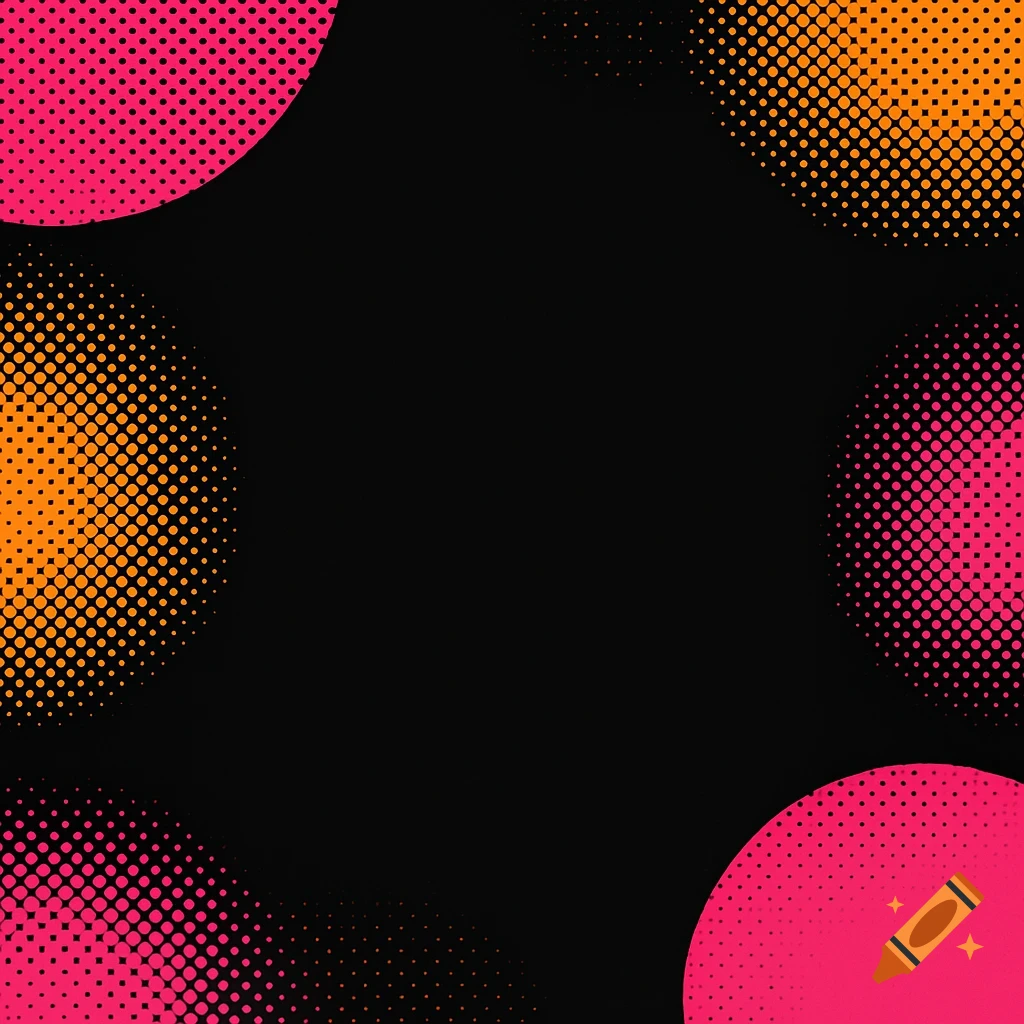 Black background with neon pink and orange halftone circle shapes in the corners, in a modern vector style.