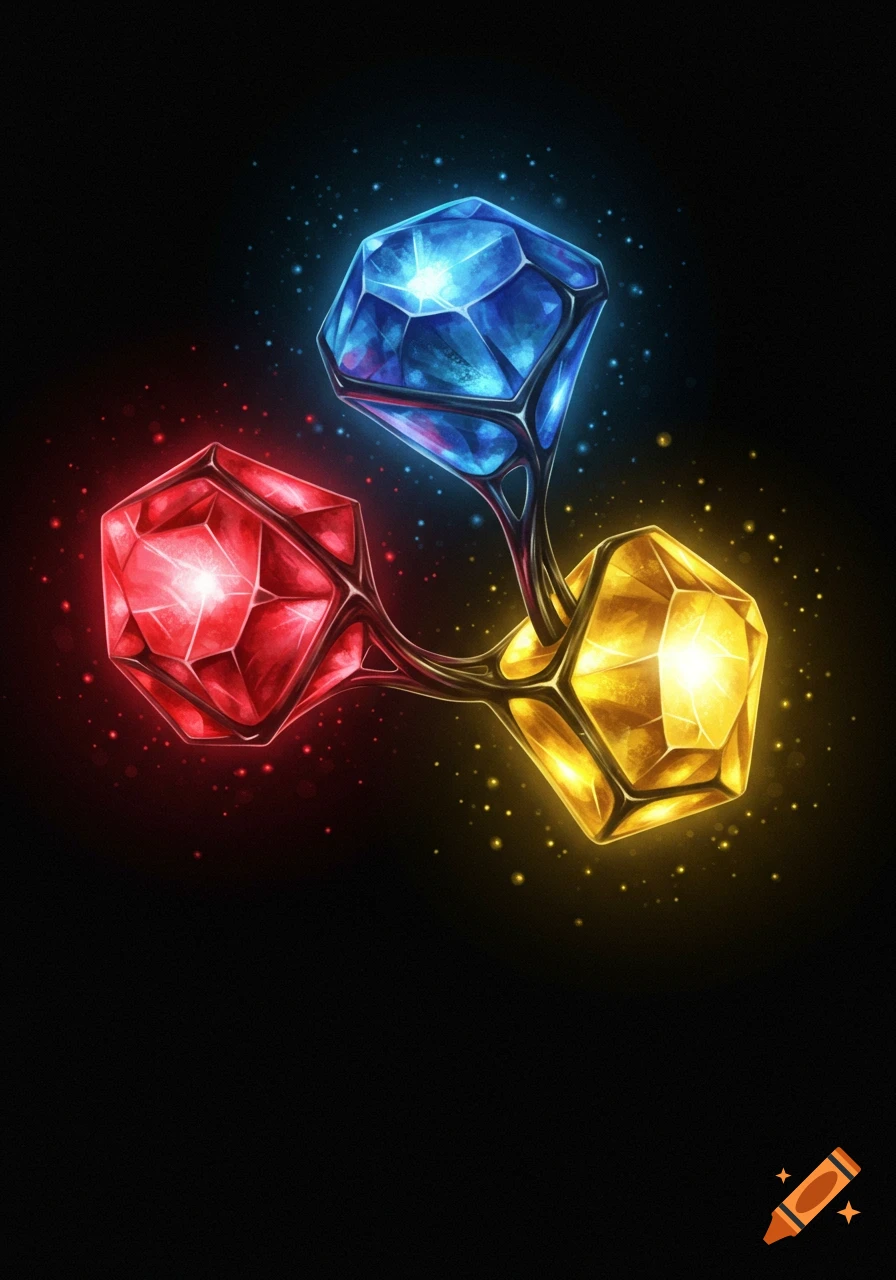Three glowing connected gems, red, blue, and yellow, on a dark background with sparks.