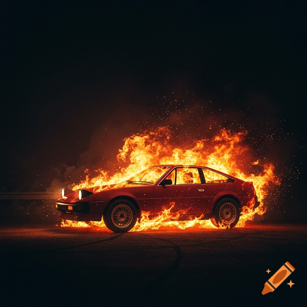 A red sports car is engulfed in dramatic flames on a dark road at night ...
