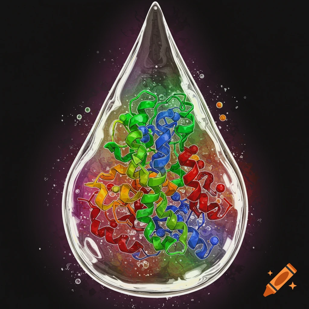 Colorful peptide structure inside a water droplet on a dark background.