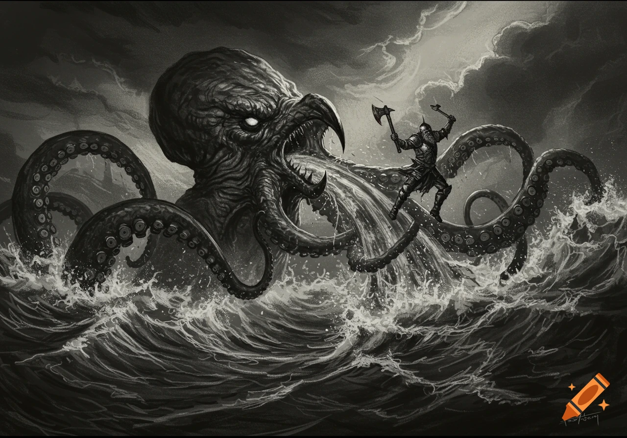 Charcoal drawing of a warrior fighting a kraken in a stormy sea.