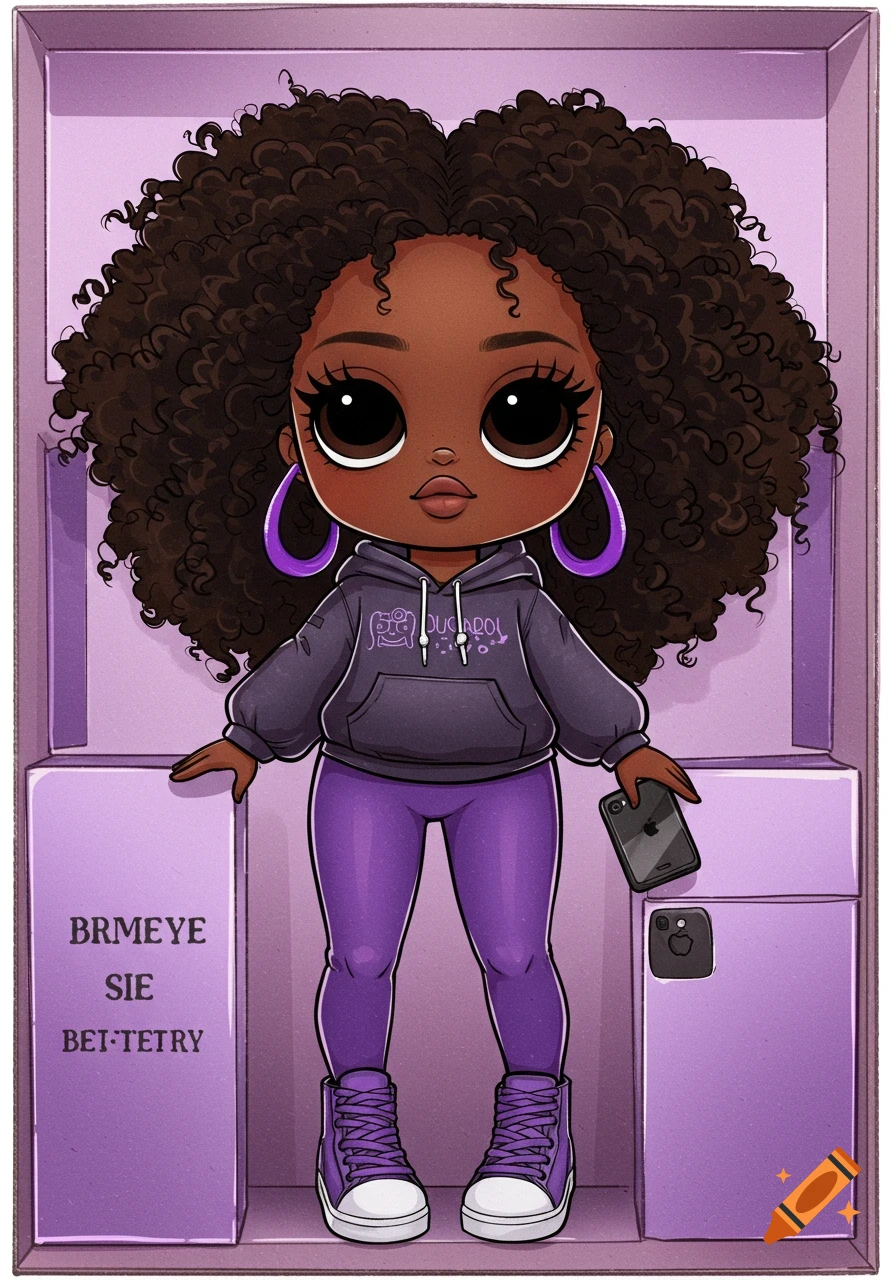 Cartoon doll with curly hair in a purple box, wearing a grey hoodie and purple leggings, holding a phone.