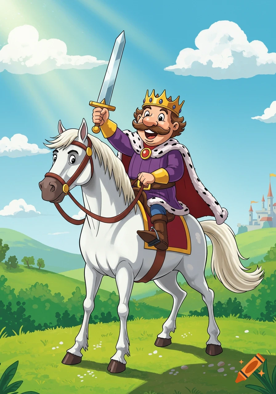 Cartoon king riding a white horse and holding a sword in a landscape with a castle.