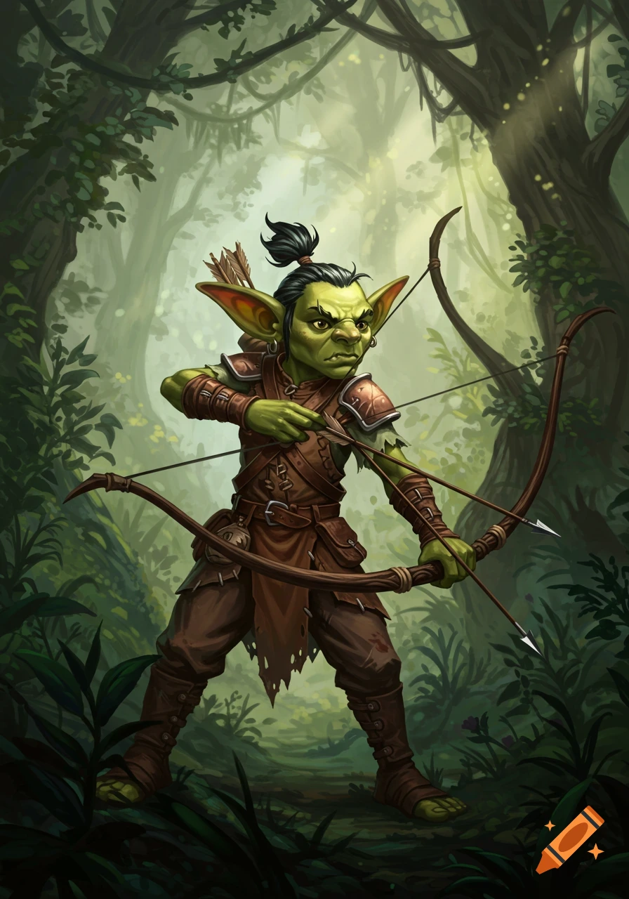 A goblin ranger in a forest aiming a longbow.