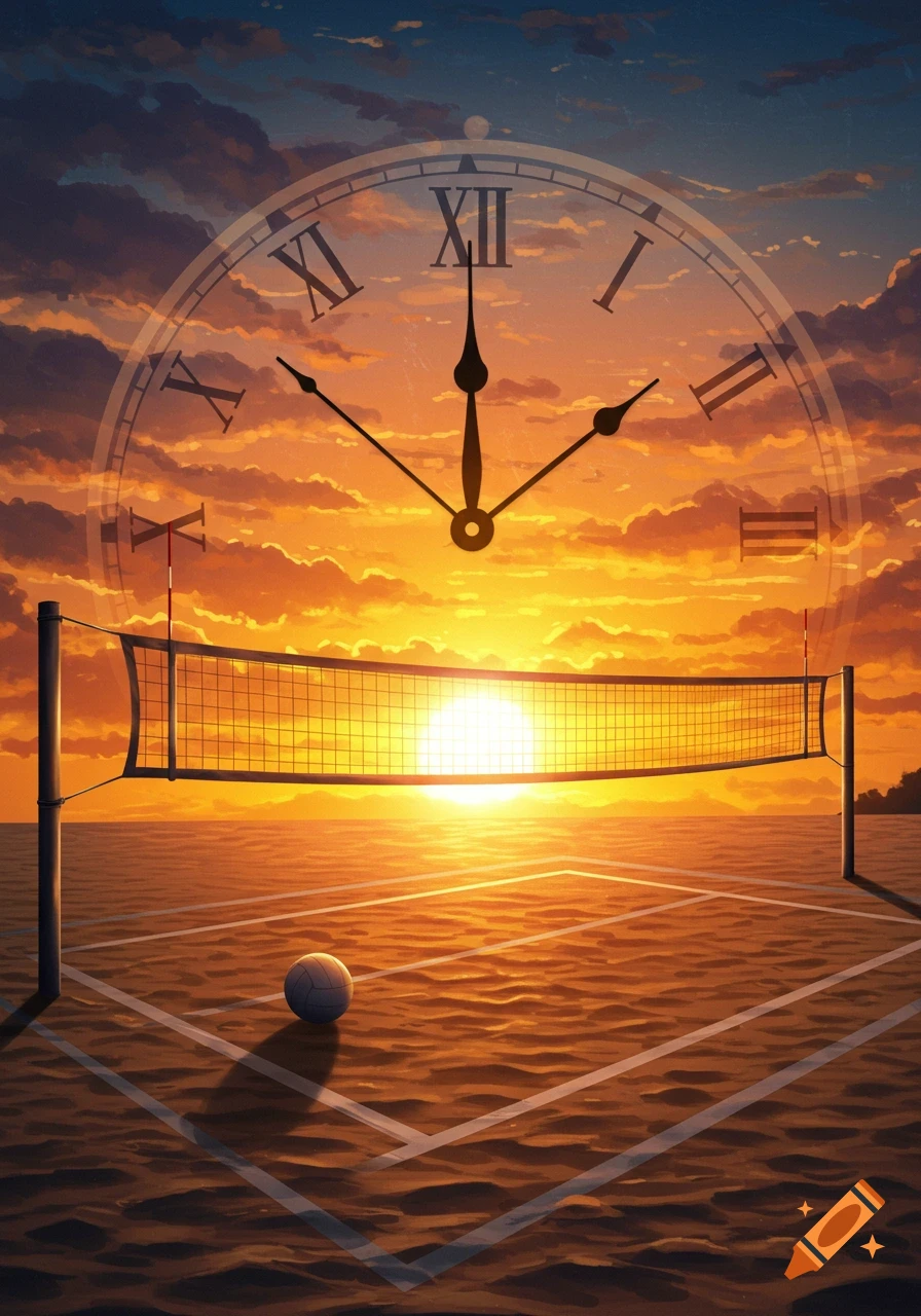 Beach volleyball court at sunset with a large clock face superimposed.