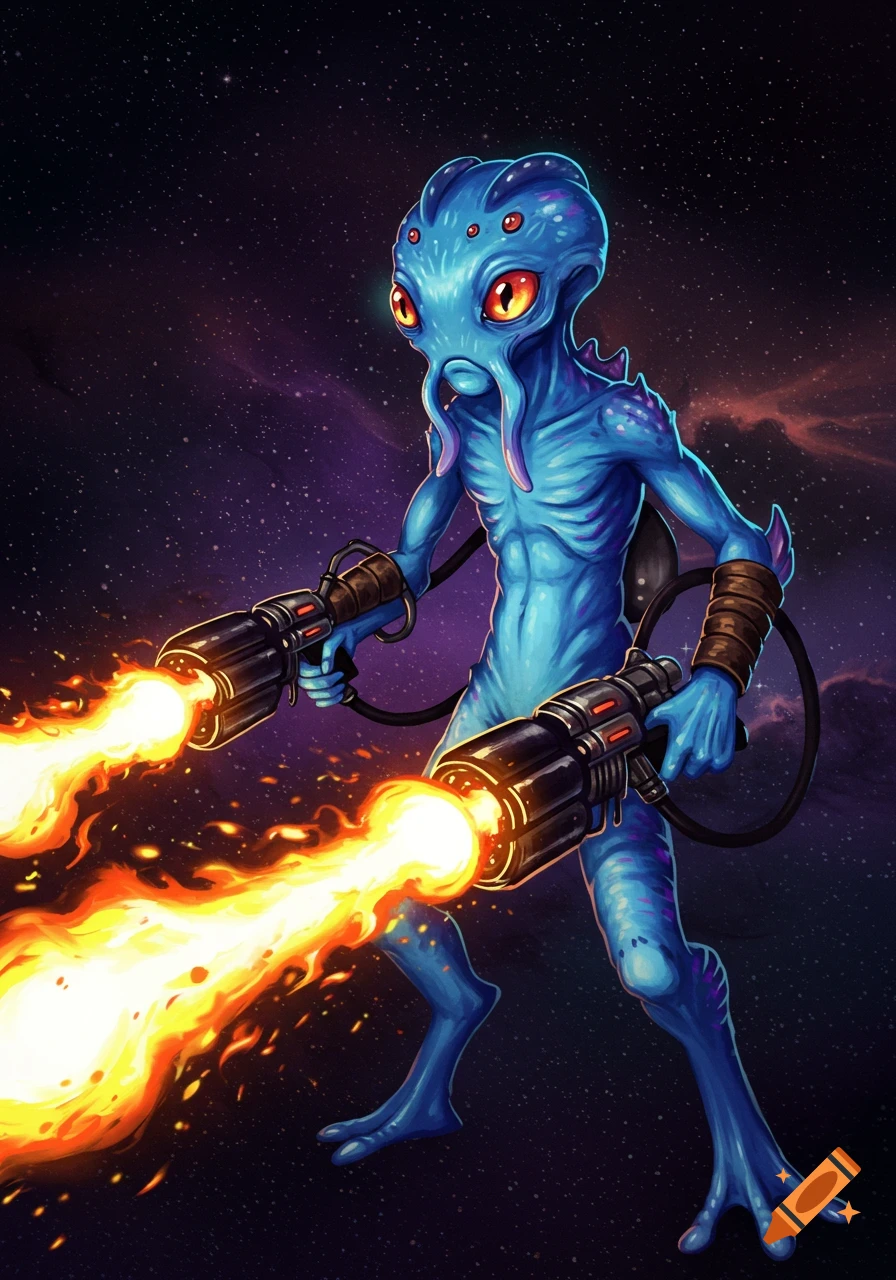 Blue alien monster shooting two flamethrowers in space