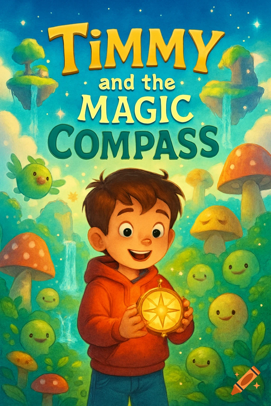 Illustration of a young boy holding a glowing compass in a fantasy world with floating islands, mushrooms, and smiling creatures. Reads "Timmy and the Magic Compass".