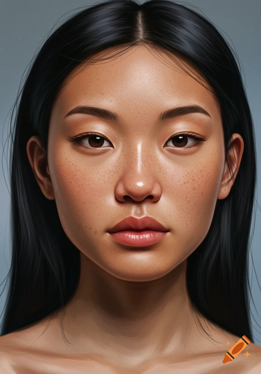 Realistic close-up portrait of a young Asian woman with long black hair and freckles.