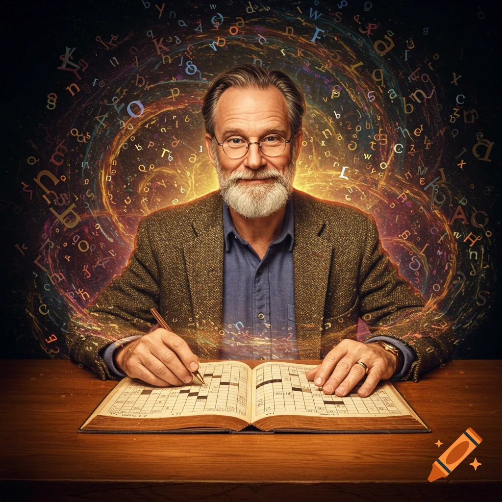 A man with a beard and glasses solves a crossword puzzle with glowing letters swirling around him.