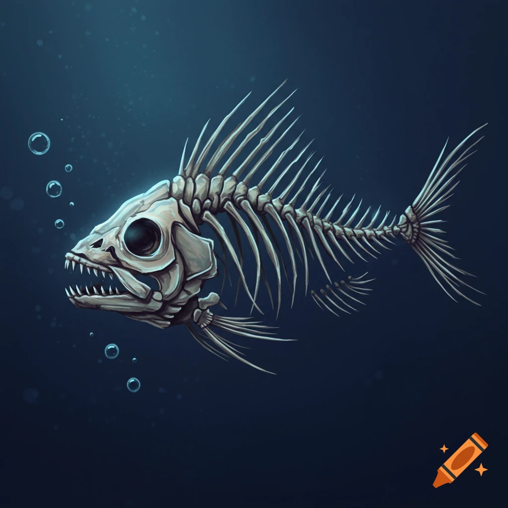 An illustration of a fish skeleton floating in dark blue water with bubbles.