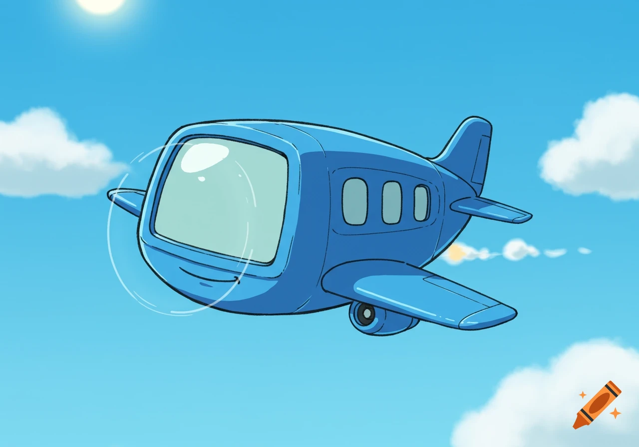 A blue cartoon airplane with a propeller flies in a sunny sky.