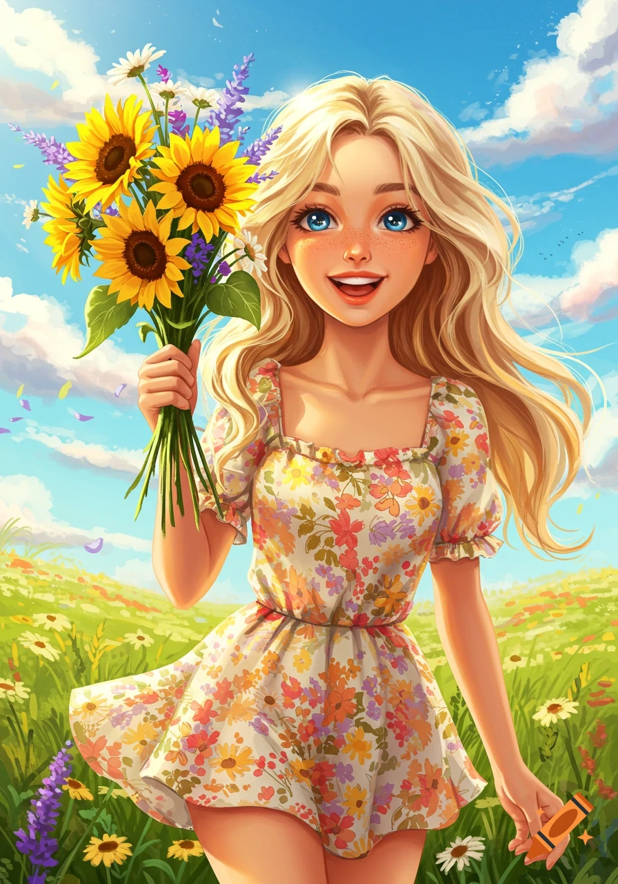 Smiling blonde girl in floral dress holding sunflowers in a sunny flower field, digital art.