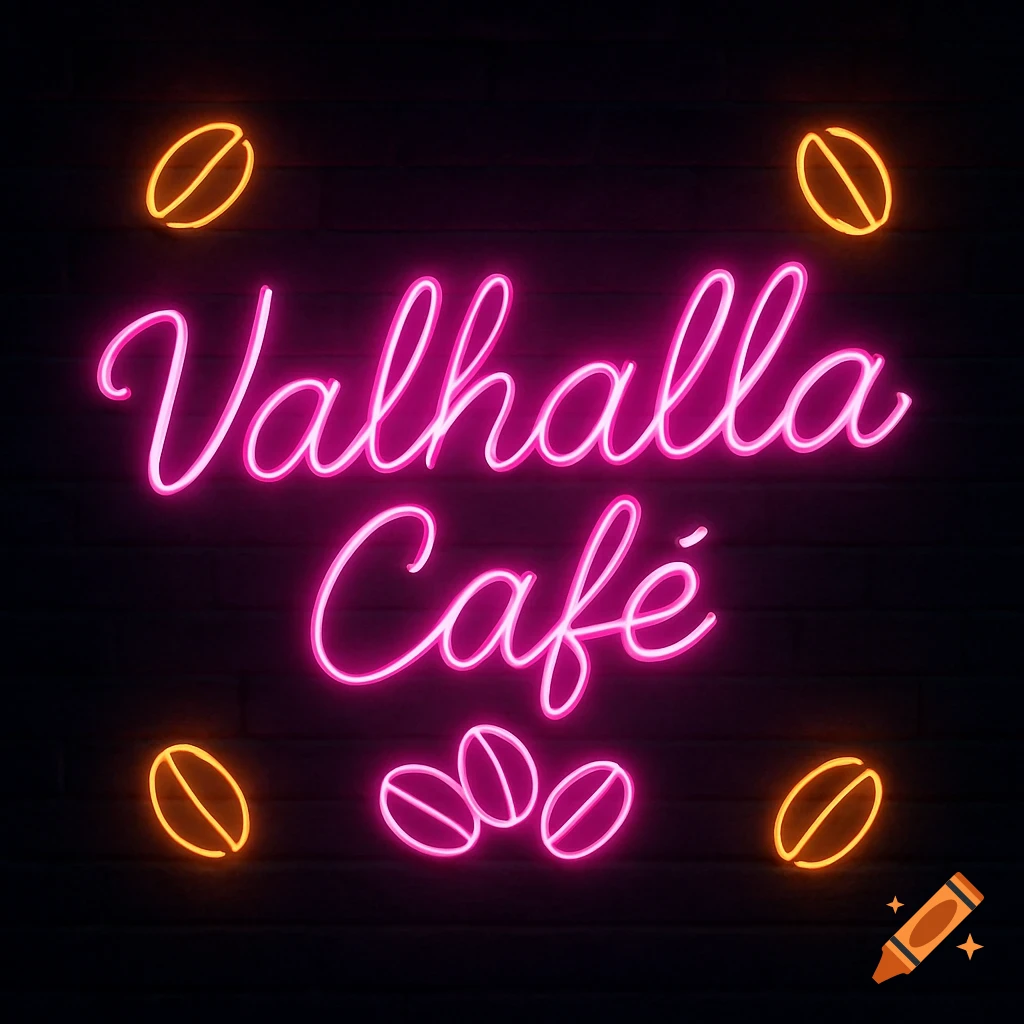 Pink neon sign for Valhalla Cafe with orange and pink neon coffee beans on a dark brick wall.