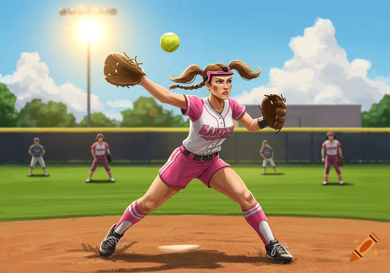 An illustration of a woman pitching a softball on a sunny field.