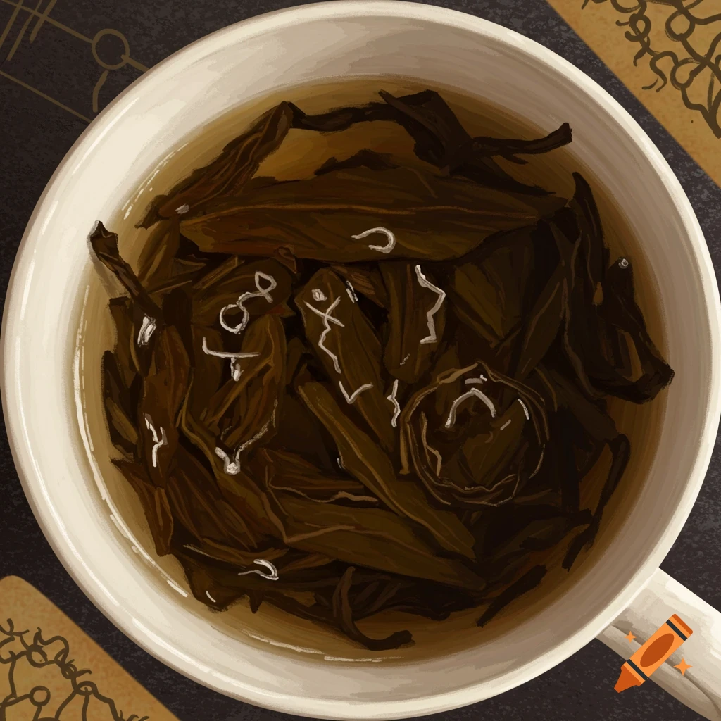 Close-up digital illustration of tea leaves swirling in a cup, forming patterns, suggesting divination.
