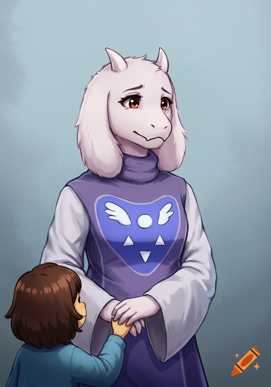 Toriel holds the hand of Frisk against a blue background, in an illustration style.