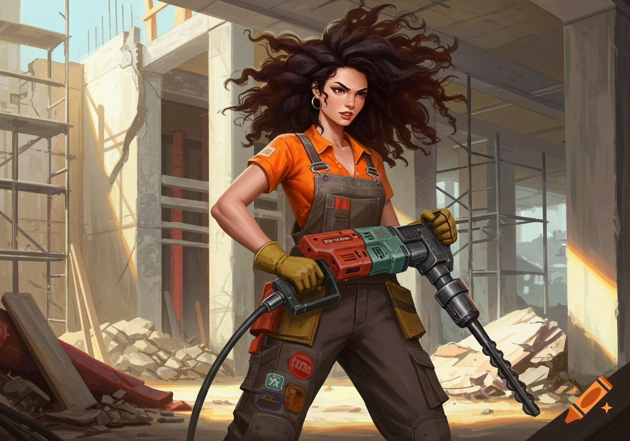 A woman in work clothes and overalls holds a jackhammer at a construction site, digital art.