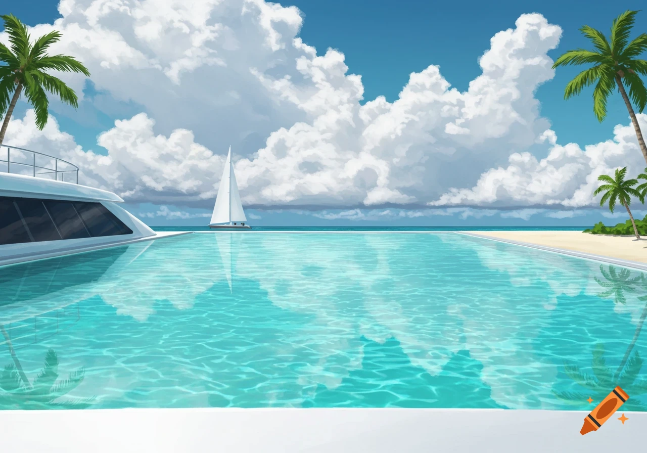 Illustrative view of a luxury yacht with an infinity pool facing a tropical beach, ocean, sailboat, and cloudy sky.