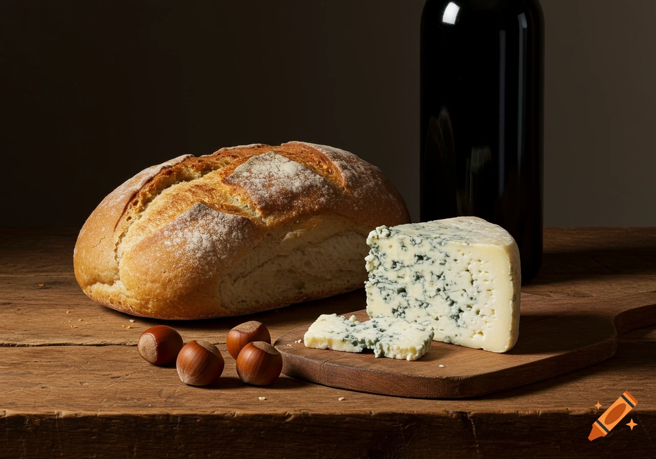 Still life of bread, blue cheese, hazelnuts, and a wine bottle on a wooden table.