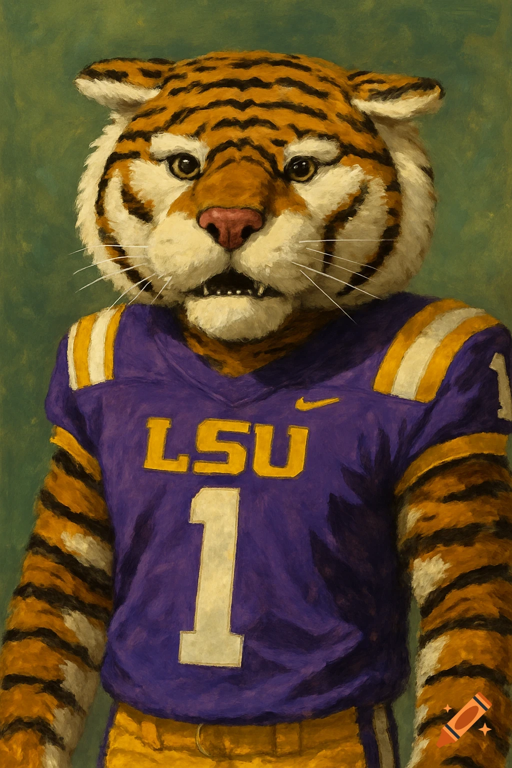 A painted portrait of the LSU tiger mascot wearing a purple and gold number 1 football jersey.