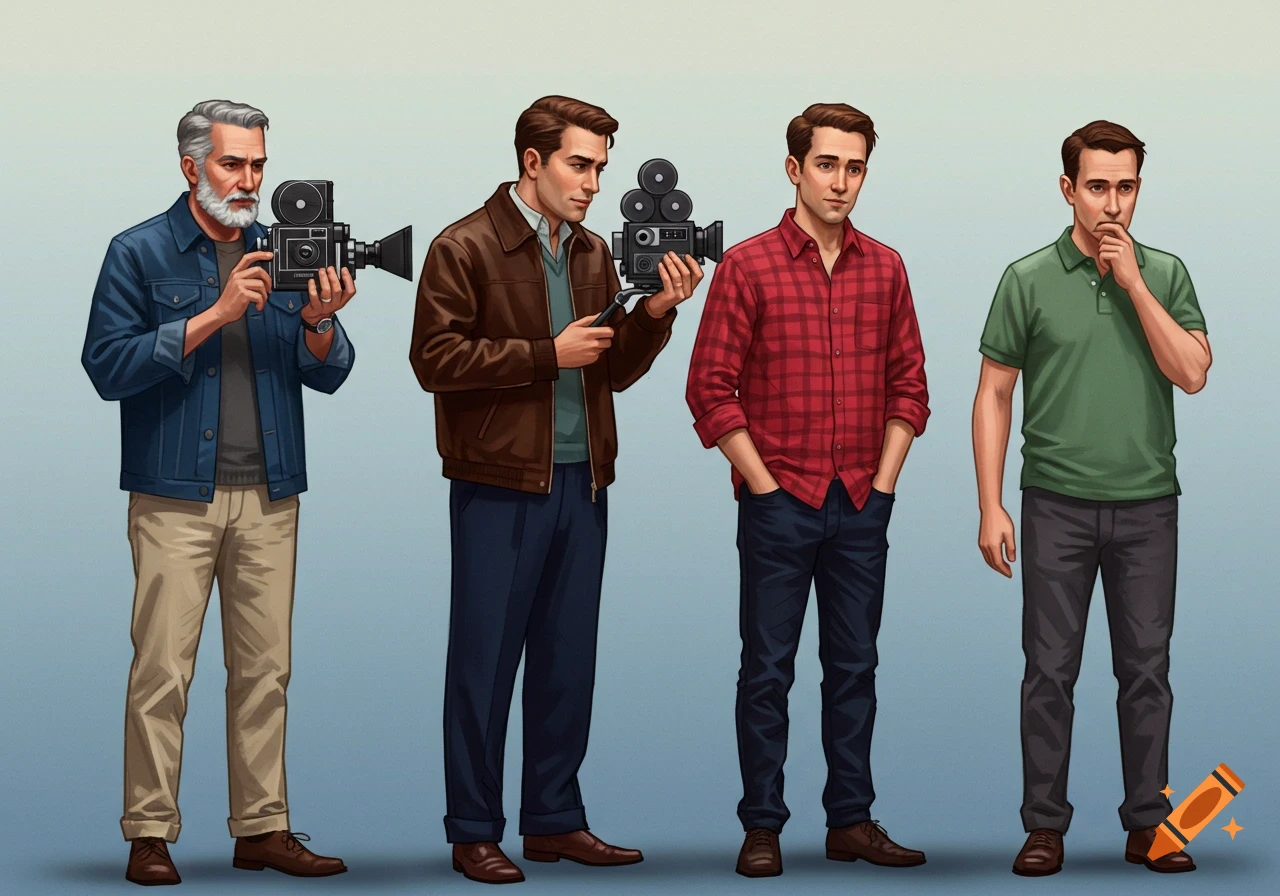 Four men standing in a row, two holding vintage film cameras, in an illustrated style.
