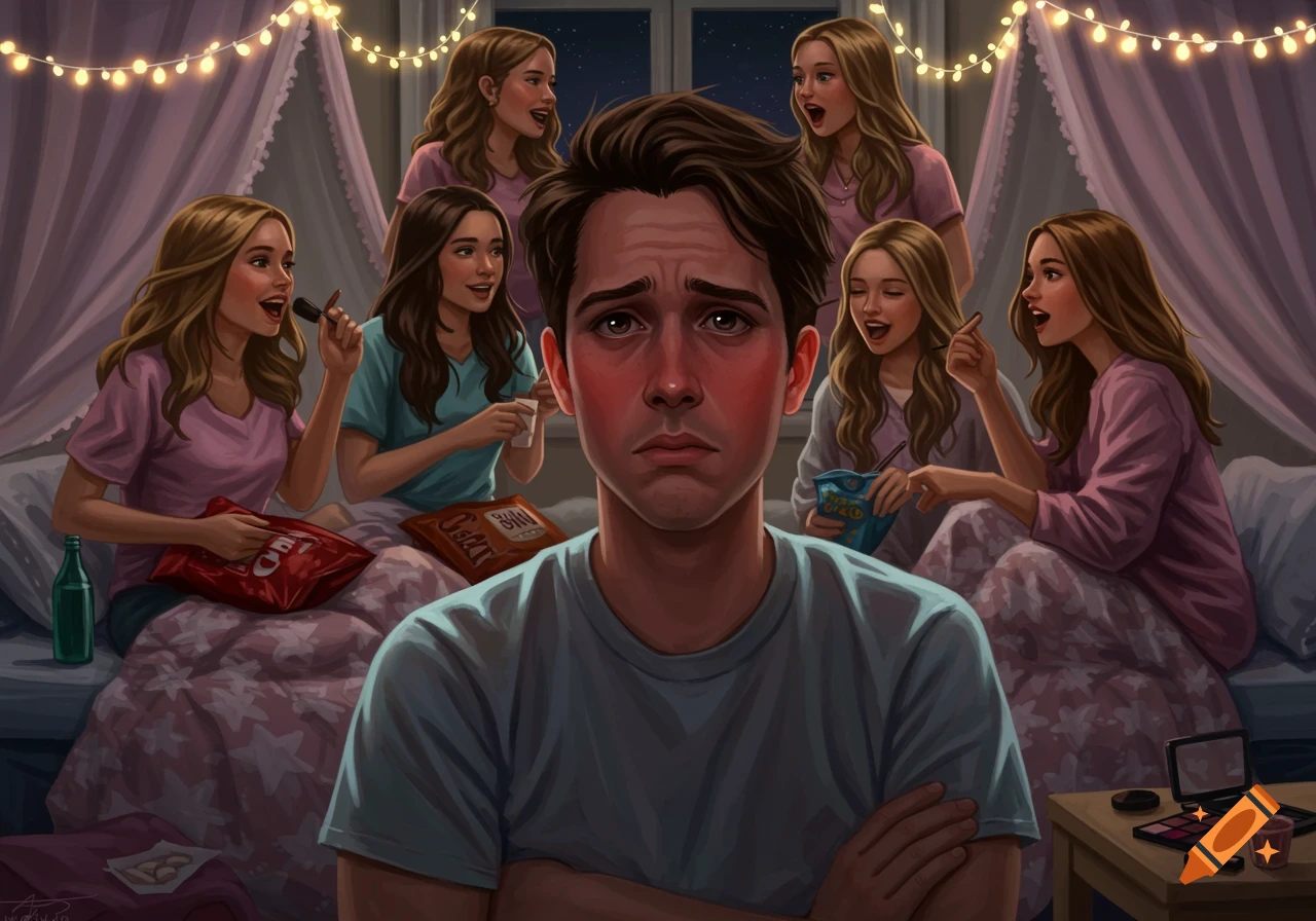 A man looks uncomfortable during a sleepover with multiple laughing women eating snacks, digital painting