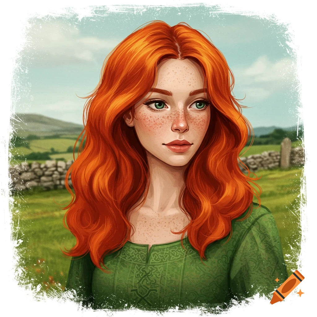 Illustrative portrait of a woman with red hair and freckles in a green ...