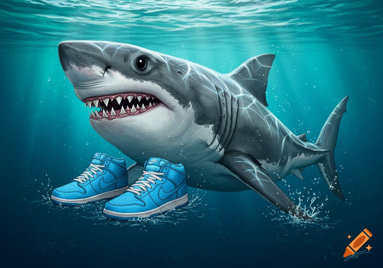 Illustration of a shark wearing blue sneakers underwater.