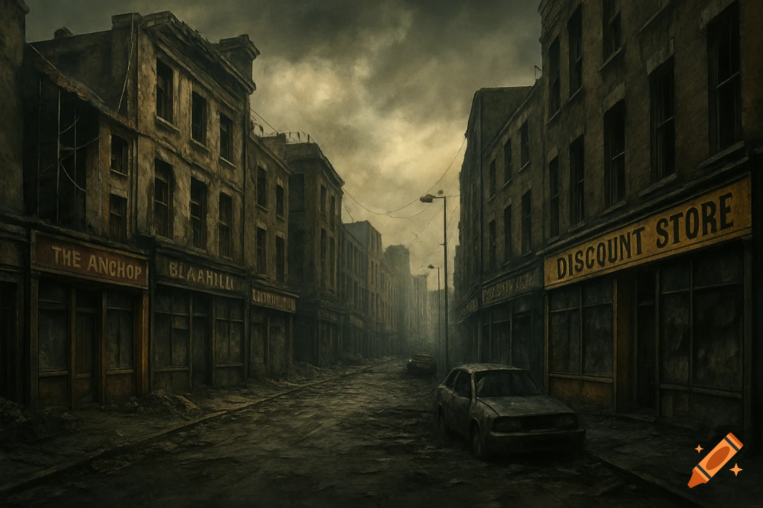 Dark, atmospheric image of a run-down city street with old buildings and abandoned car.