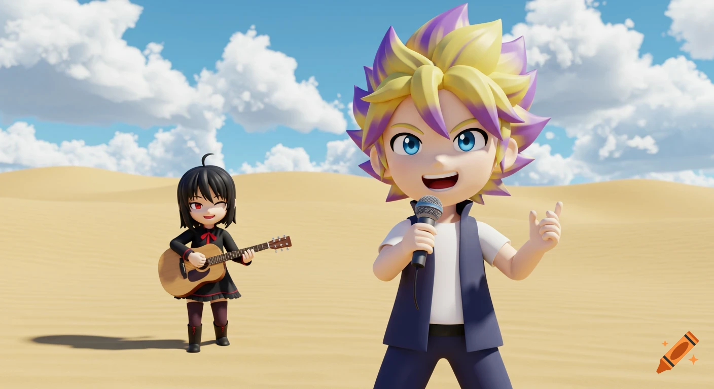 Two 3D anime characters, one singing into a microphone and one playing guitar, in a desert.