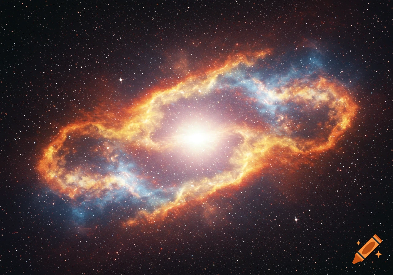 A brightly lit nebula or galaxy with swirling orange and blue gas around a central star.