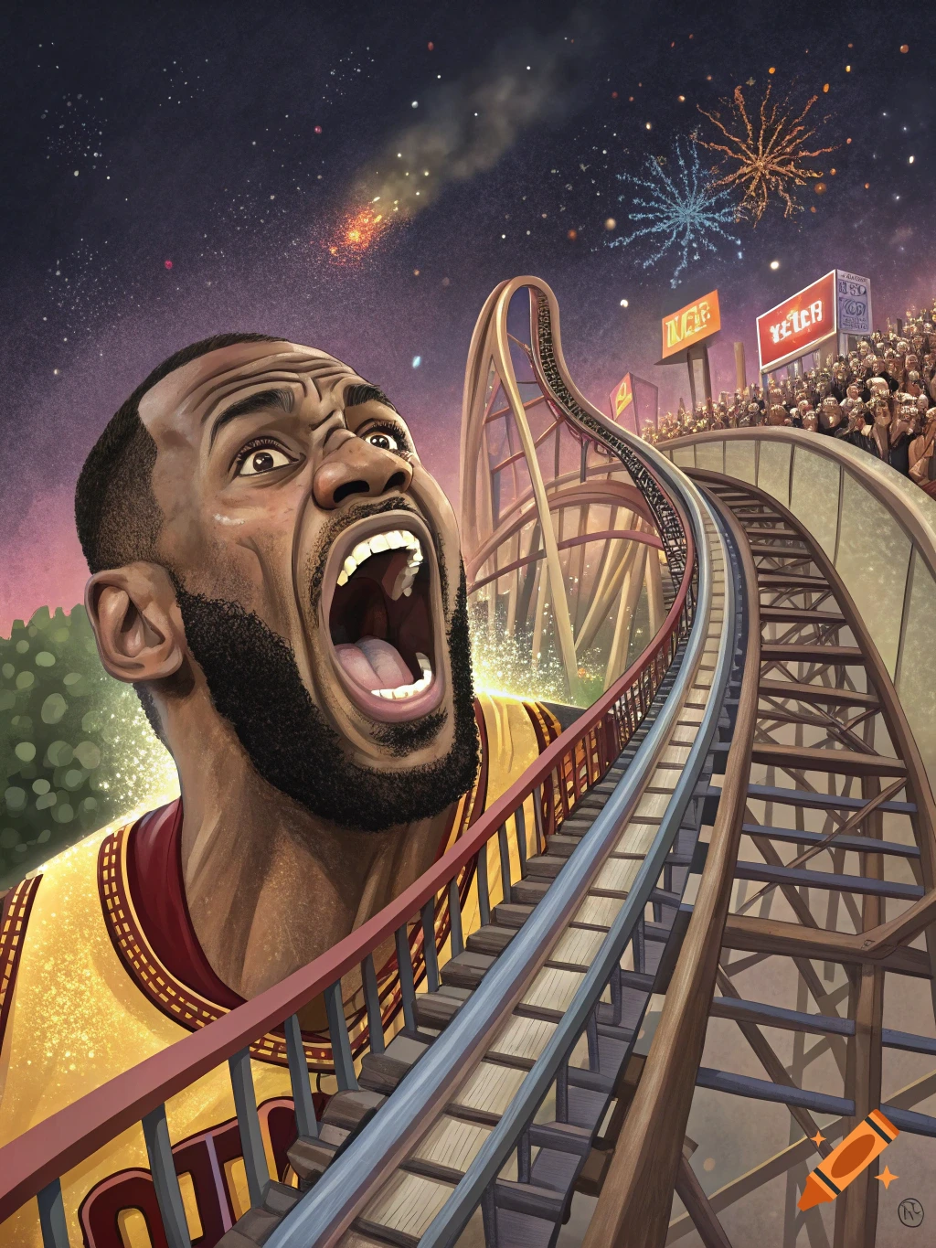 Cartoon illustration of LeBron James with mouth open on a rollercoaster at night with fireworks and a crowd.