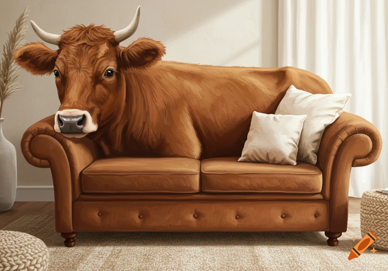 A brown cow sits on a brown leather couch in a living room.