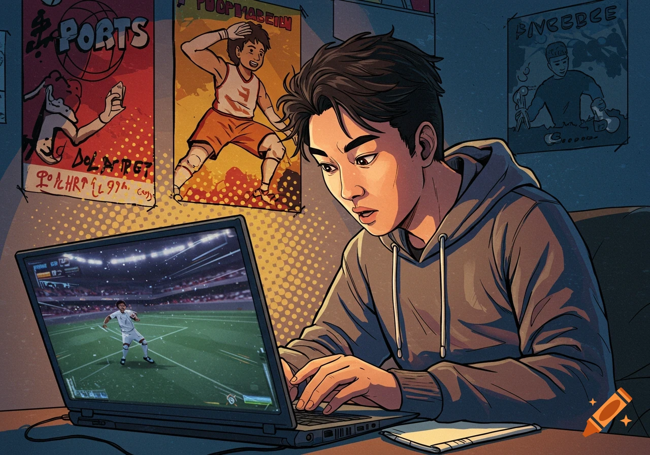 Illustration of a student watching a sports game on a laptop with sports posters behind them.